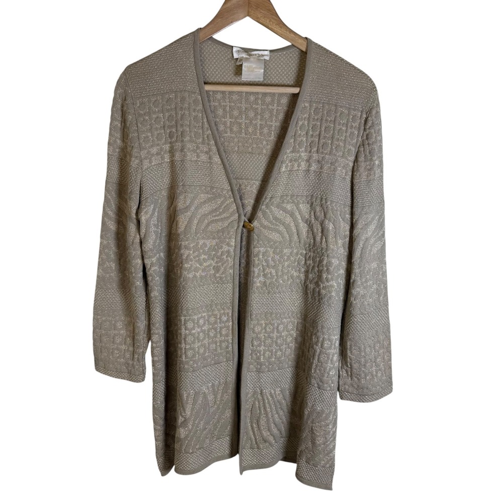 Escada Cardigan Women 42 Gold Metallic Wool Rayon Knit V-Neck Excellent Vintage
